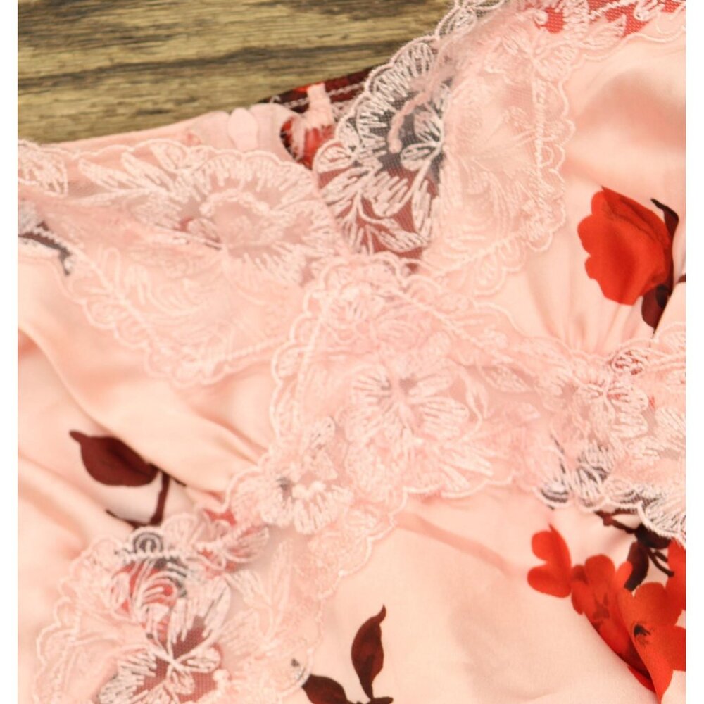 NWT B. Darlin Floral Print Satin Puff Sleeve Midi Dress Pink / Red Multi 5 / 6 - Picture 8 of 11